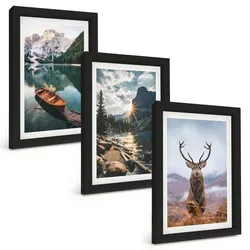 BILDER SET 3er Set - 20x30 cm Schwarzer Rahmen - Bergsee, Bootsfahrt, Sonnenuntergang, Hirsche