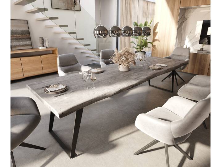 Esstisch Edge 300x100 XL Akazie Platin Metall Schräg Live-Edge, Esstische, Baumkantenmöbel, Massivholzmöbel, Massivholz