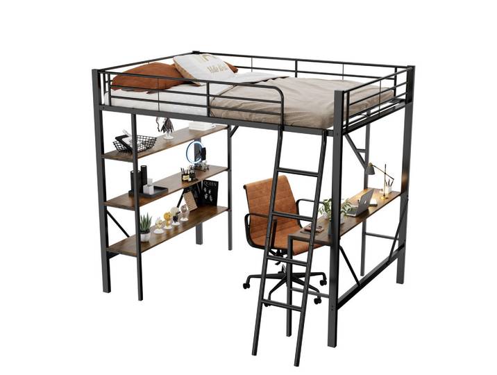 Redom Metall-Hochbett 90/200 cm mit Schreibtisch und 3 Ablagen, platzsparend, Schwarz, Metall, 90x200 cm, Schlafzimmer, Betten, Metallbetten