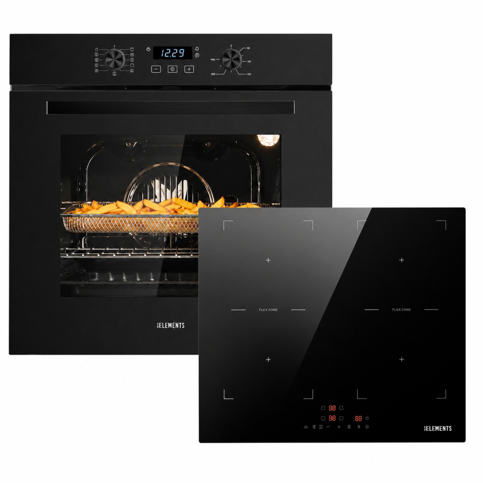 KB ELEMENTS Autarkes Herdset 60 cm, Einbaubackofen mit Air Fry, Steam Clean, 11 Funktionen, 73 Liter, A+, Induktionskochfeld mit 2 x Flexzone