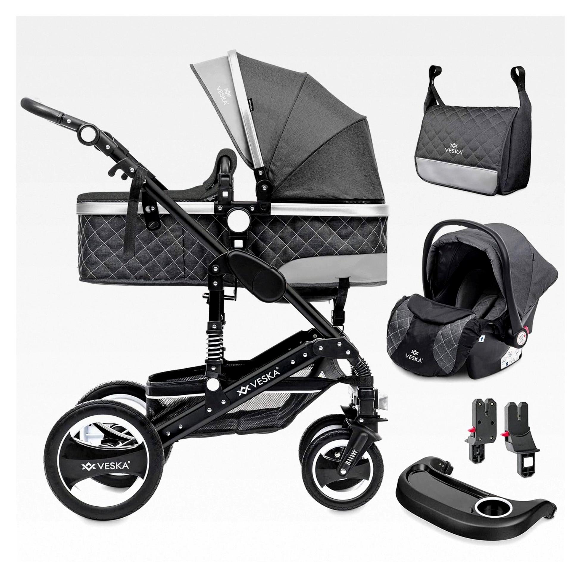 3 in 1 Kombi-Kinderwagen mit Babyschale, Buggy, Jogger, Wickeltasche, Moskitonetz, Regencover, Spieltisch, Autoschale, Fußsack, QuickFold, Aluminiumrahmen (Schwarz - anthrazit/anthrazit)