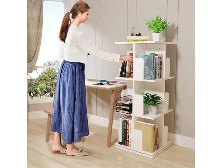 JEOBEST Bibliothèque Rotative à 360° en Bois Massif Multifonctionnelle 40×40×98cm idéale pour les Livres et la Décoration
