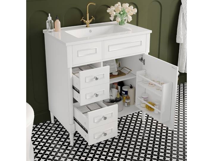 Meuble de salle de bain autoportant moderne avec évier et 2 tiroirs, meuble de salle de bain avec beaucoup de rangement, meuble de salle de bain de haute qualité