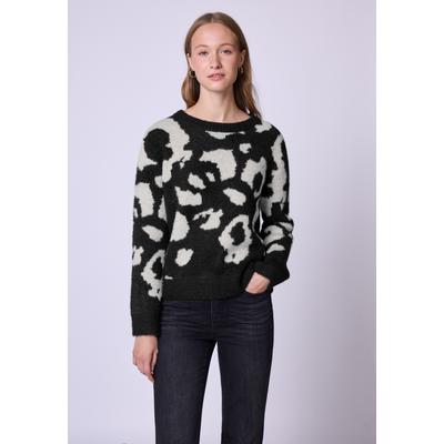 Rundhalspullover STREET ONE STUDIO, Damen, Gr. 42, schwarz-weiß (schwarz), Stoff, 56% Polyester, 44% Baumwolle, comfort fit normal, Rundhals, Bündchen, Pullover Rundhalspullover, mit grafischem Muster