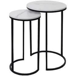 Mendler 2er-Set Beistelltisch HWC-K46, Kaffeetisch Nachttisch Loungetisch, Marmor-Optik MDF ~ weiß-schwarz