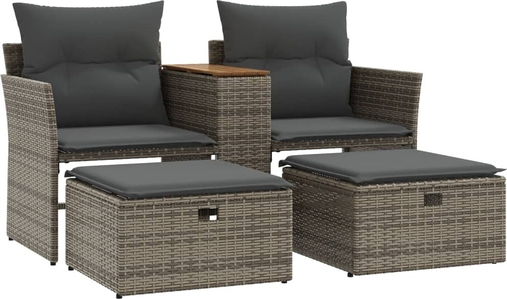 Gartensofa 2-Sitzer mit Hockern Grau Poly Rattan
