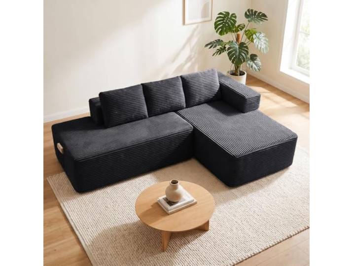 COMHOMA Ecksofa mit Schlaffunktion, 228cm Corduroy Modulares Boneless Couch mit Chaiselongue & Rücken-Metallgestell, L-Form Schlafsofa mit offenem Design, Kissen & Seitentaschen,für Wohnzimmer,Schwarz