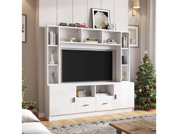 Merax TV Wohnwand-Set, Anbauwand, Mediawand mit TV Lowboard & Wandregale, TV-Schrank mit 2 Schränke, 2 Schubladen, Offene Regale, Elegante Schrankwand, Wohnzimmermöbel Komplett, TV bis 60-Zoll, Weiß