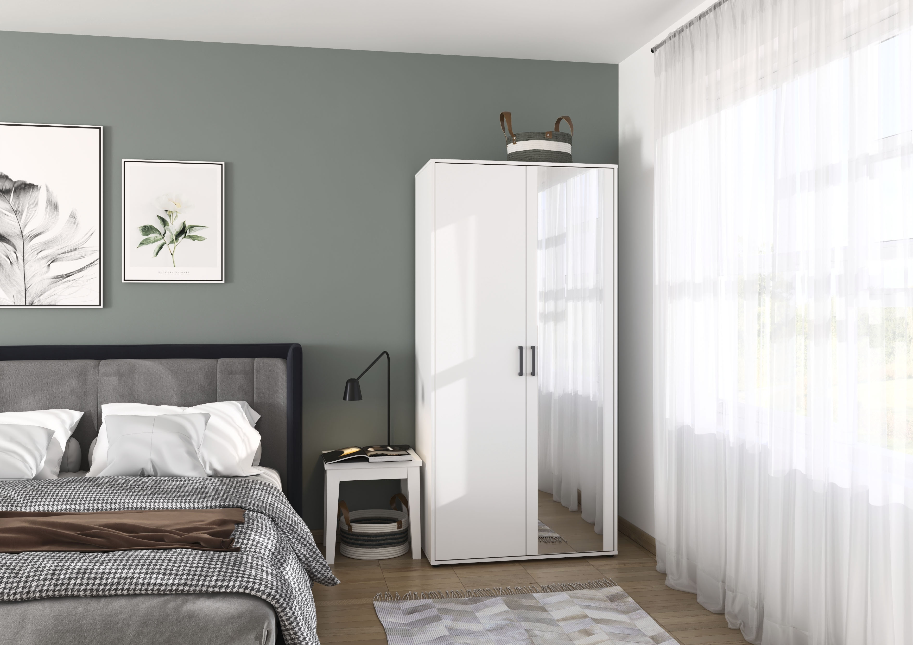 Drehtürenschrank RAUCH "Kleiderschrank Schrank Garderobe Wäscheschrank VOYAGER", weiss (alpinweiß), B:93cm H:194cm T:53cm, Holzwerkstoff, Schränke, Drehtürenschrank, mit modernen Griffen in Graumetallic und Spiegel alpinweiß B/H/T: 93cm x 194cm x 53cm, Ba