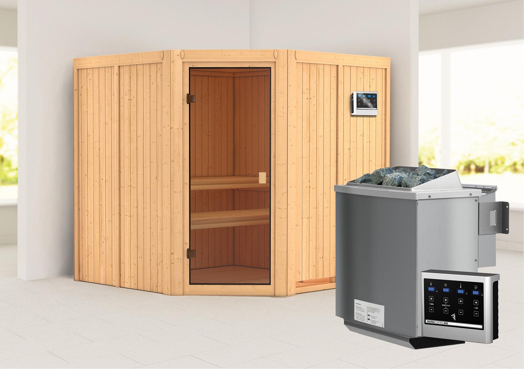 KARIBUHOLZT Sauna Kotka Eck, 9kW Bio ext. Strg bronz.GGT 16880390