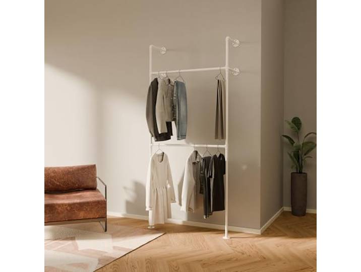 pamo Kleiderstange Wandmontage Weiß – 105 x 222 cm 200 kg Traglast Offener Kleiderschrank Garderobe Wand Metall – Begehbarer Kleiderschrank System
