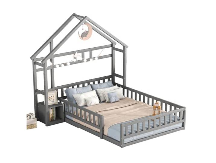 Kinderbett Hausbett doppelbett 140 x 200cm Holzbett für Kinder mit Rausfallschutz Bettgestell Kinderbetten mit Nachttischen,vielseitiges Holz Kinderbett,Grey