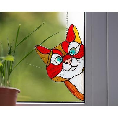 Katzen-Fensterbehang, handgefertigter Katzen-Sonnenfänger aus Buntglas, süßer Katzen-Fensterhänger aus Buntglas, spähender Sonnenfänger, Acryl-Katzen-Buntglas-Katzenfenster-Aufhänger für Katzenliebhaber