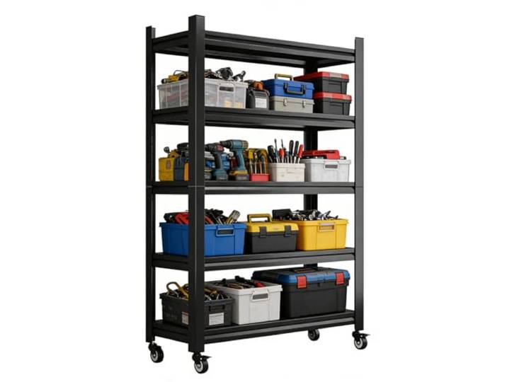 Coolpleasant 5 Etagen Regal, Garagenregale, 175kg Metallregal Schwarz, Schwerlastregal mit Höhenverstellbar und Rollen für Wäscherei, Speisekammer, Wohnzimmer, Küche, Schraubenlos, 90x40x183cm