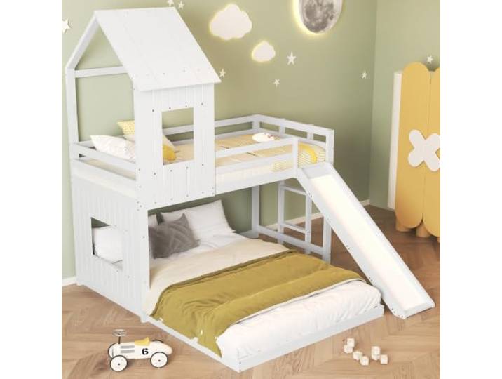 Etagenbett 90x200 & 140x200 Hausbett mit Rutsche & Fenster Hochbett Kinder mit Fallschutzgitter, Leiter, Kiefer, Weiß, FSC, ohne Matratze
