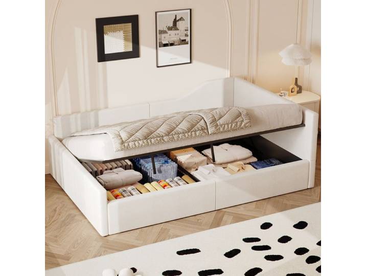 Cadre de lit Beige Couchage 140 x 200 cm 140x200 lit banquette rembourrée avec Espace de rangement au-dessous