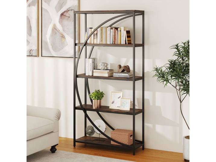 GIANTEX Bibliothèque à 5 Niveaux Cadre en Métal 86x30x175cm Étagère de Rangement Industrielle pour Salon Bureau Marron + Noir