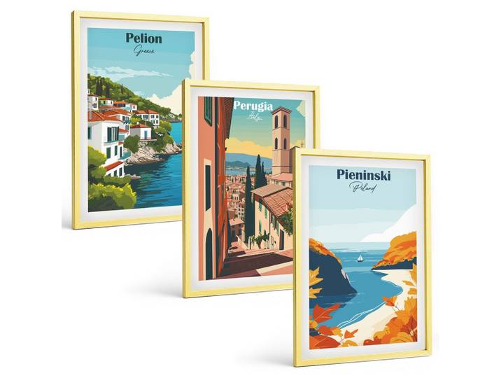 BILDER SET 3er Set - 40x60 cm Goldrahmen - Malerische Retro-Landschaften
