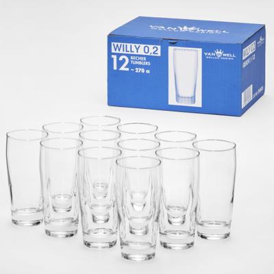 Bierglas VAN WELL "Willybecher", transparent, B:6cm H:13,5cm Ø:6cm, Glas, Trinkgefäße, 0,2 L, geeicht, spülmaschinenfest, Gastronomiequalität, 12-tlg.
