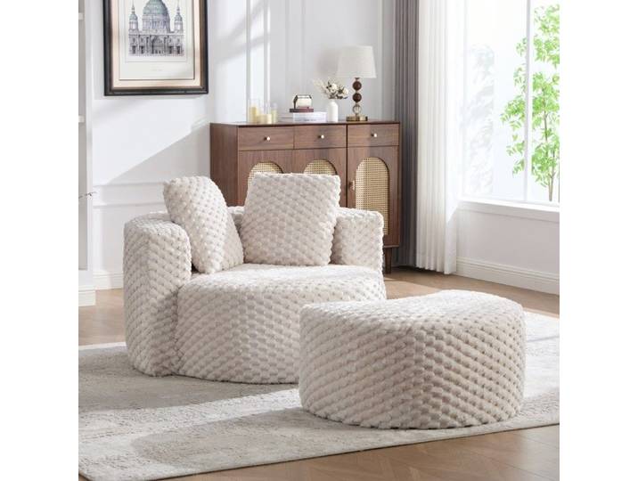 SENVIRO fauteuil une place avec pouf design enveloppant 129x116x65cm beige