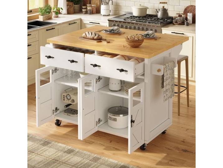 MODENUIT Desserte cuisine 140x73x93.5 cm avec plateau extensible tiroir et roulettes freinées MDF Blanc