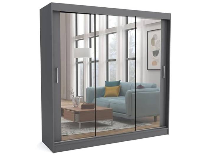 Brent - Kleiderschrank mit Schiebetüren Windsor David I 200x200x60 cm I mit Spiegel, Stangen und Einlegeböden für Kleidung I Laminierte Spanplatte I Aluminiumschienen I Anthrazit