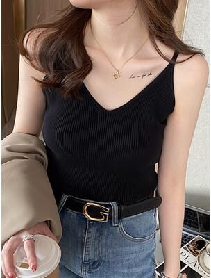 Retailers Go Solid V Neck Elastic Knitted Suspender Camis, Korea Summer Tops New, Women's Tanks Clothing Basics Shirt black
