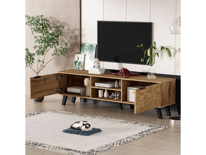 Meuble TV - ZEVKOR - Meuble TV 160 5 cm - 2 portes - 2 compartiments ouverts - Fermeture douce