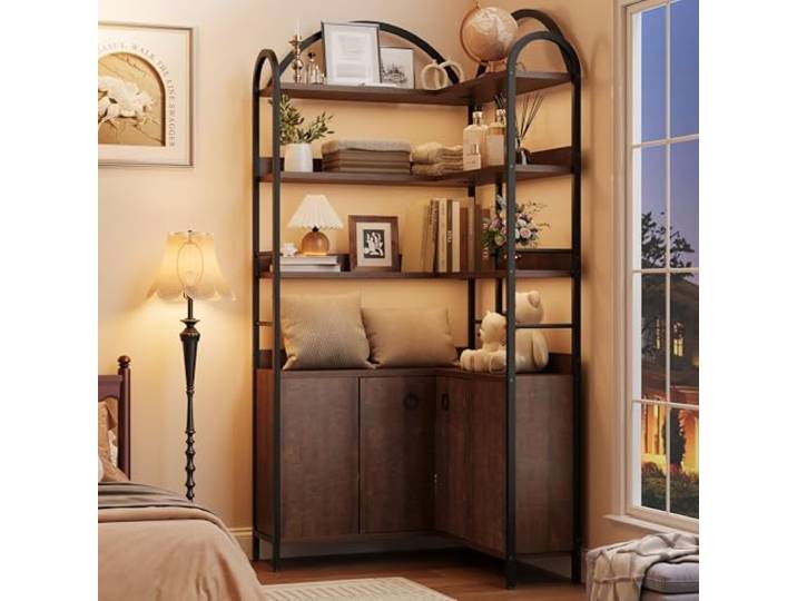 GarveeMore 6-stufiges Eckbücherregal 188 cm, L-Form Mit Schranktüren & Stauraum, rustikaler Look, verstellbare Füße + Kippschutz, für Büro/Wohnzimmer - Brown-red