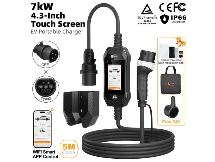 Feyree Chargeur VE portable 7 kW prise de charge Type 2 écran tactile 4,3 pouces avec application Wi-Fi intelligente chargeur VE domestique design professionnel