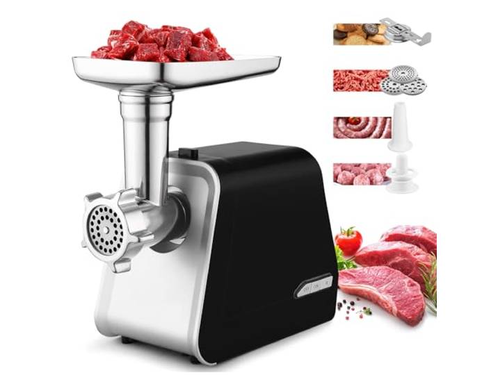 Nictemaw Fleischwolf Elektrisch, 5 in 1 Multi Küchenmaschine Gemüsehobel Wurstmaschine mit 3 Lochscheiben, 4 Kegel-Klingen, Wurstfüller und Gebäck Aufsatz