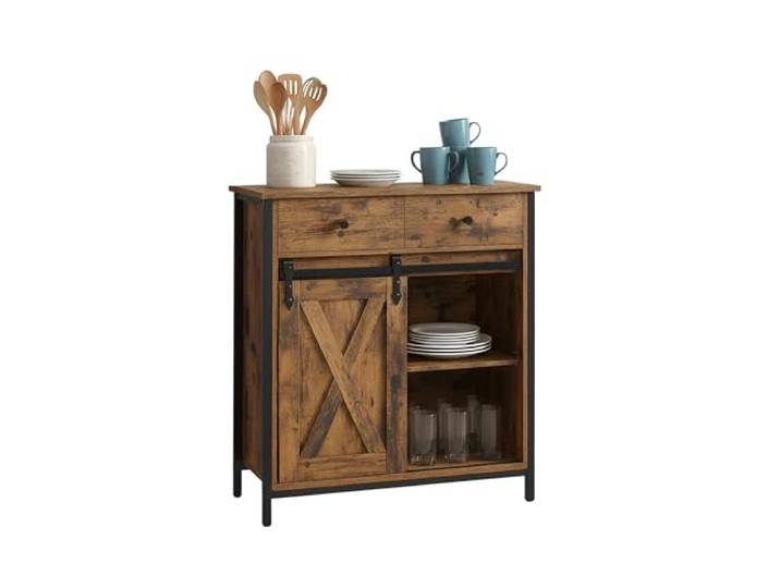 Relaxdays Sideboard mit Schiebetür, HBT: 80 x 70 x 30 cm, 4 Fächer, Beistellschrank Küche & Wohnzimmer, braun/schwarz