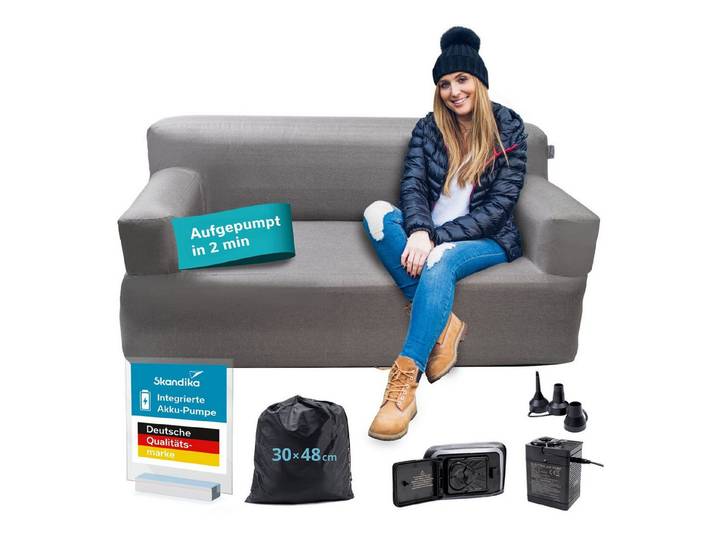 Skandika Luftsofa Easy Air Premium, Aufblasbares Sofa Outdoor, Tragetasche, (Bezug abnehmbar, Maschinenwäsche, Schonprogramm 30 °C, mit Tragetasche), 2 Personen, mit Elektropumpe, USB-C Ladekabel, 200 kg belastbar