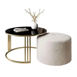 COUCHTISCH mit Hocker LORI GLASS gebürstetes Gold/schwarzes Glas/Coral 50