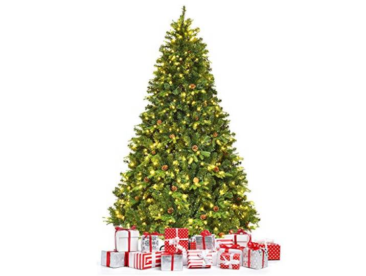 COSTWAY 210/225/240cm LED Künstlicher Weihnachtsbaum, Christbaum mit Klappsystem und Metallständer, Tannenbaum geschmückt, Kunstbaum Weihnachten ideal für Zuhause, Büro, Geschäfte und Hotels (225CM)