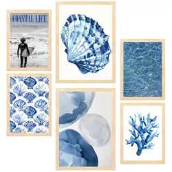 POSTER Set Mit 6 Marineblau Meer Und Sommer A3 & A4 Rahmen Aus Hellem Holz