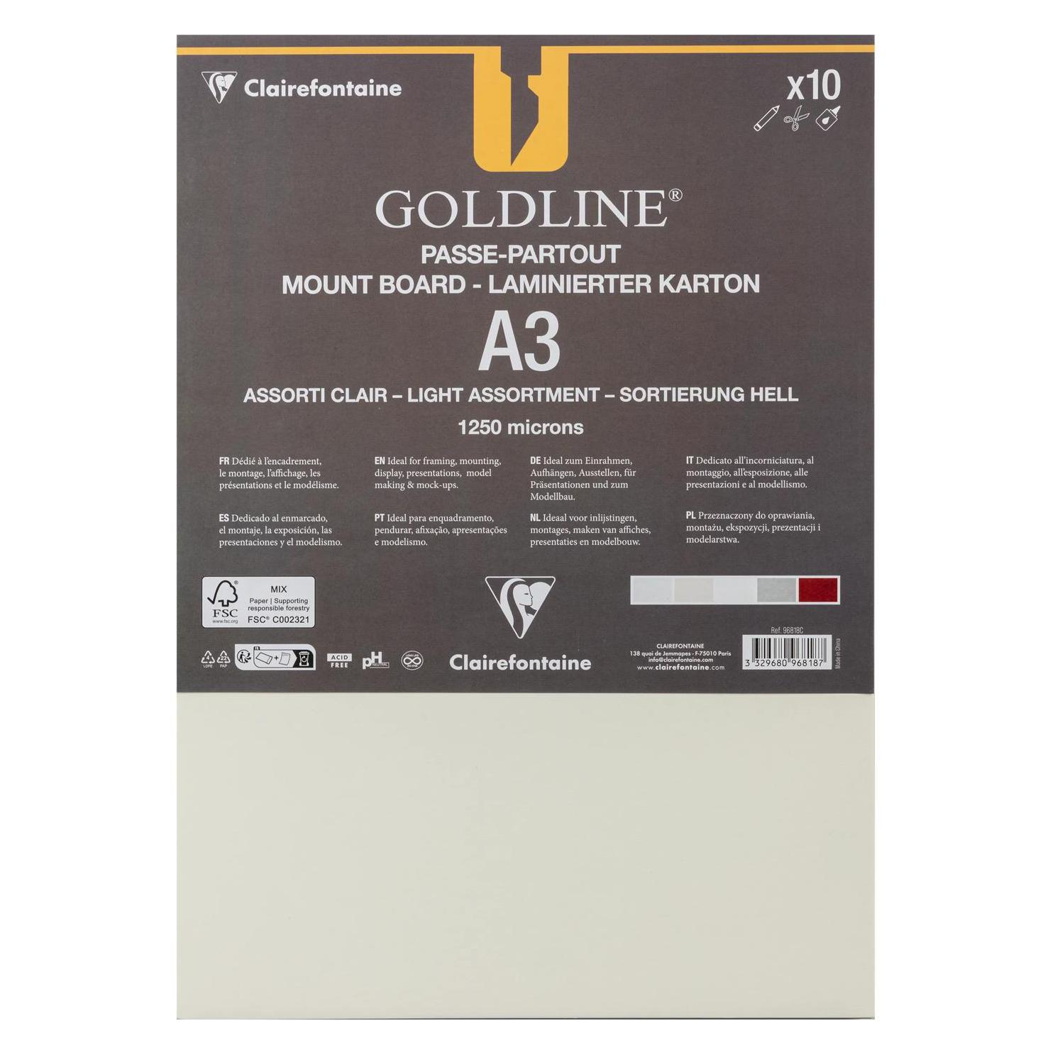 Clairefontaine Goldline Passepartoutkarton A3, 10 Bogen 1,25mm - Sortiment helle Farben (10x) (96818C)