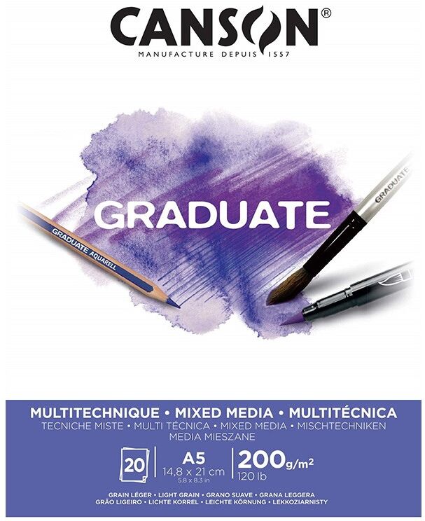 CANSON Bloc dessin blanc Graduate Mix Media 20 feuilles 200g A5