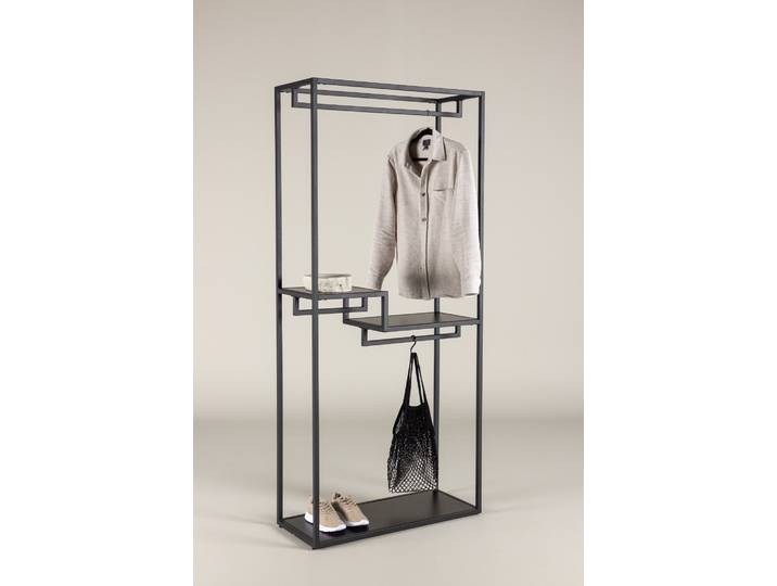 Kleiderständer VENTURE HOME Staal, Garderobenständer in Schwarz-Stahl, Kleiderstange, Höhe 188 cm , schwarz, B:85cm H:188cm T:35cm, Stahl, Garderobenständer, Kleiderständer, Garderobe, Pulverbeschichtung, Ablagen, anspruchsvoll, modern