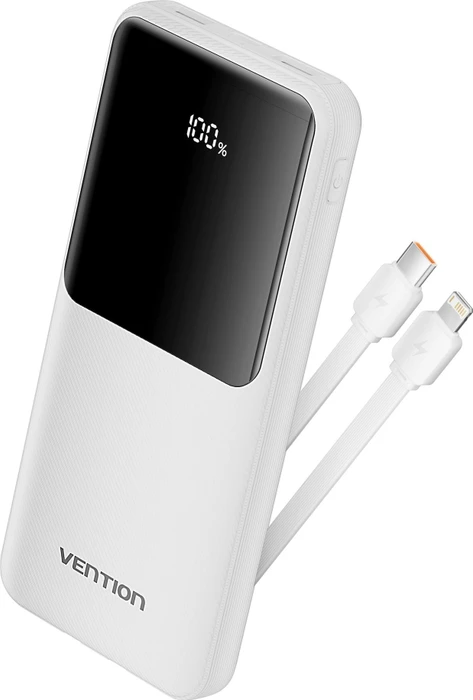 Vention 10000mAh Power Bank with Integrated USB-C and Lightning Cables 22.5W White LED Display Type