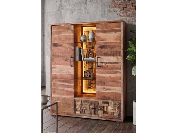 Highboard inkl. Beleuchtung 120x150cm 'Livorno'' Akazie massiv sägerau