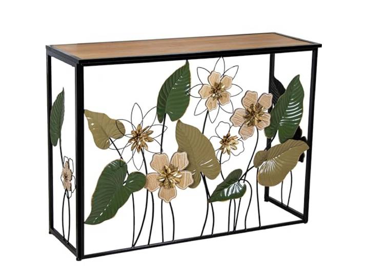 DRW Konsolentisch aus Metall und Holz mit Blumen, ERD- und Grüntöne, 37 x 108 x 80 cm