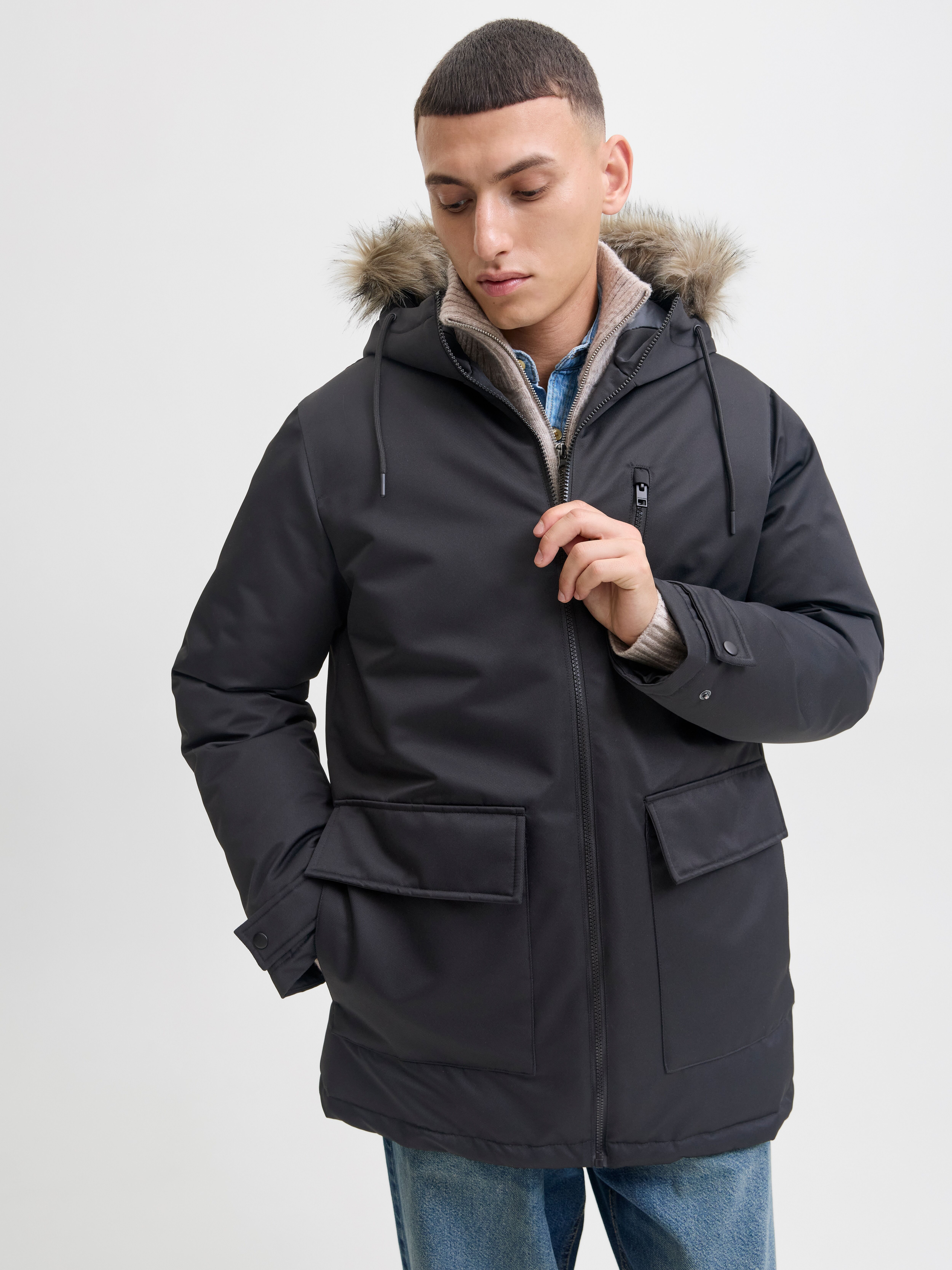 Parka JACK & JONES "JJCHARLIE DETACHABLE FAUX FUR PARKA", Herren, Gr. S, schwarz, Web, Obermaterial: 100% Polyester, unifarben, regular fit, Jacken Parka schwarz S