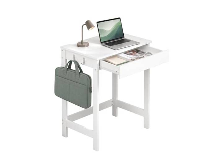SoBuy Kleiner Schreibtisch, 60×40×77 cm, mit Schublade und Haken, Weiß Arbeiten, Lernen und Verstauen, für kleine Wohnungen und Wohnheime, bis 60 kg belastbar, FWT43-W