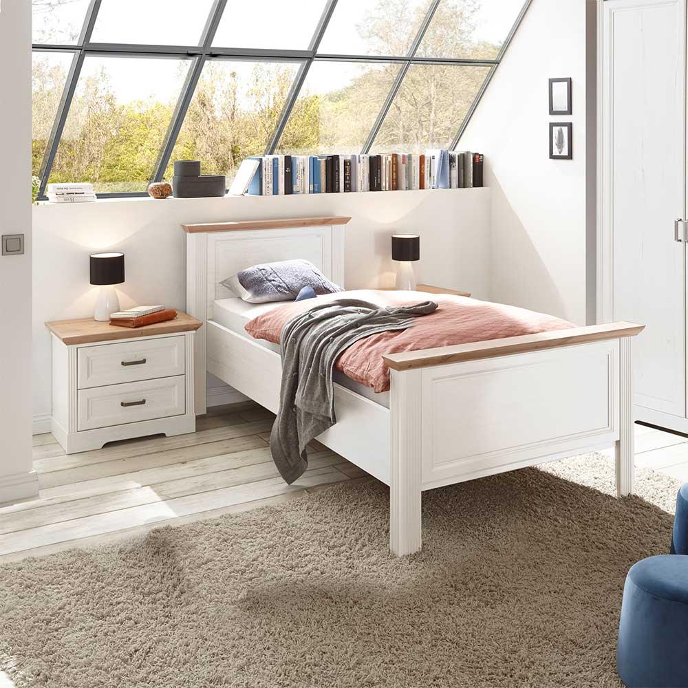 Pharao24.de Einzelbett Landhaus optional mit Nachtkonsole Holzoptik Pinie weiß