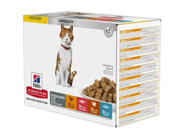Hill's Science Plan Chat adulte stérilisé Poulet &amp; saumon &amp; dinde &amp; truite Multipack 12x8