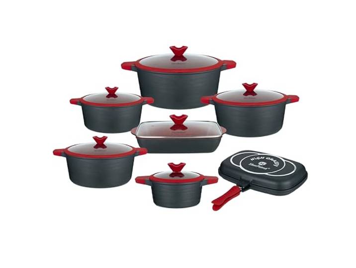 Lorren Home Trends Kochgeschirr-Set aus Aluminiumdruckguss, 14-teilig, antihaftbeschichtet, induktionsgeeignet, Rot