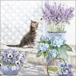 Ambiente 20 Servietten Papier 33x33cm 3-lagig - hochwertige Einweg Papierservietten Katze Blumenmotiv Partyservietten Tiermotiv Sommerdeko Tischdeko Frühling