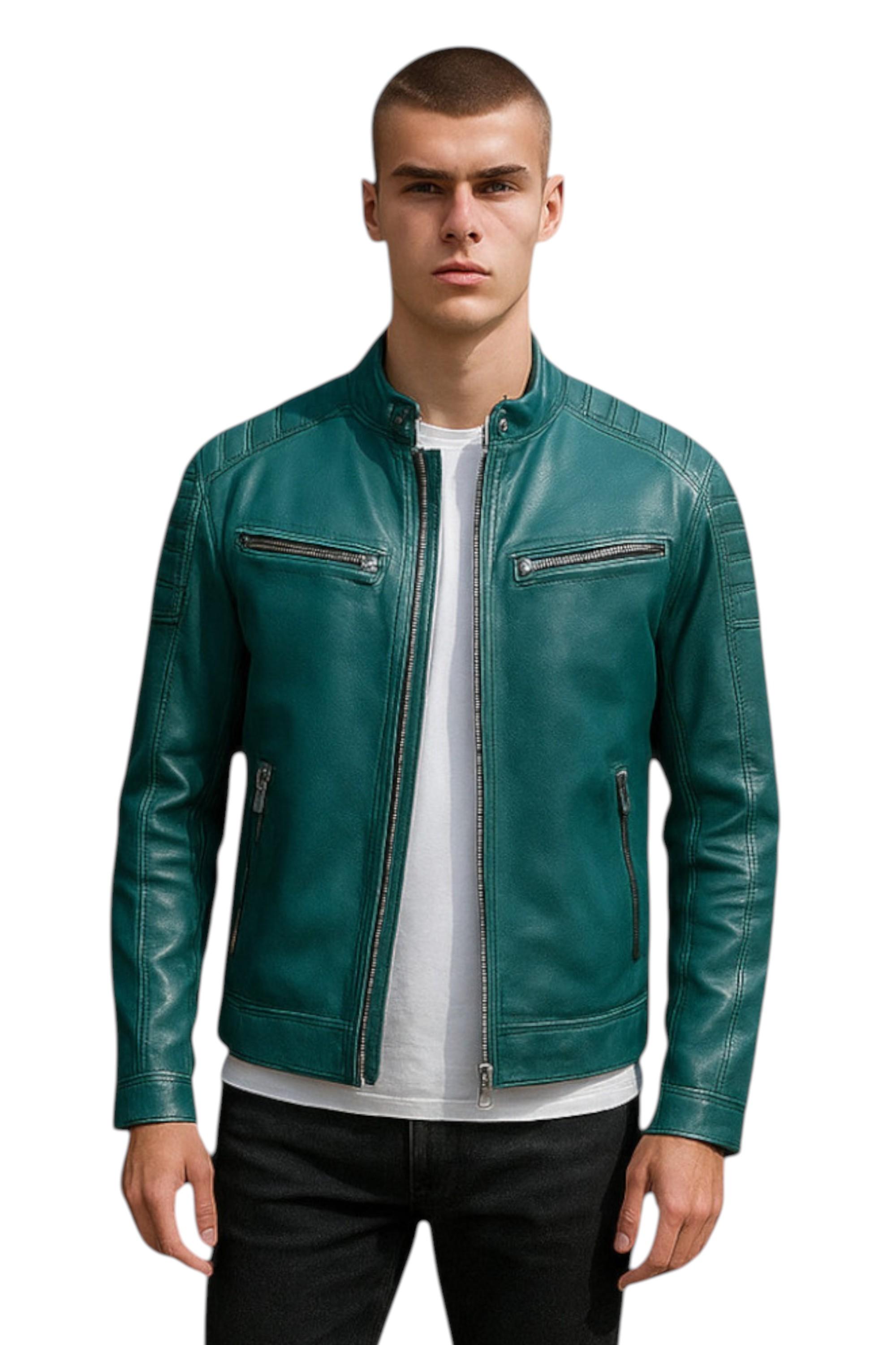 Moderne, klassische, gesteppte Bikerjacke aus Leder für Herren in Grün – Mackay