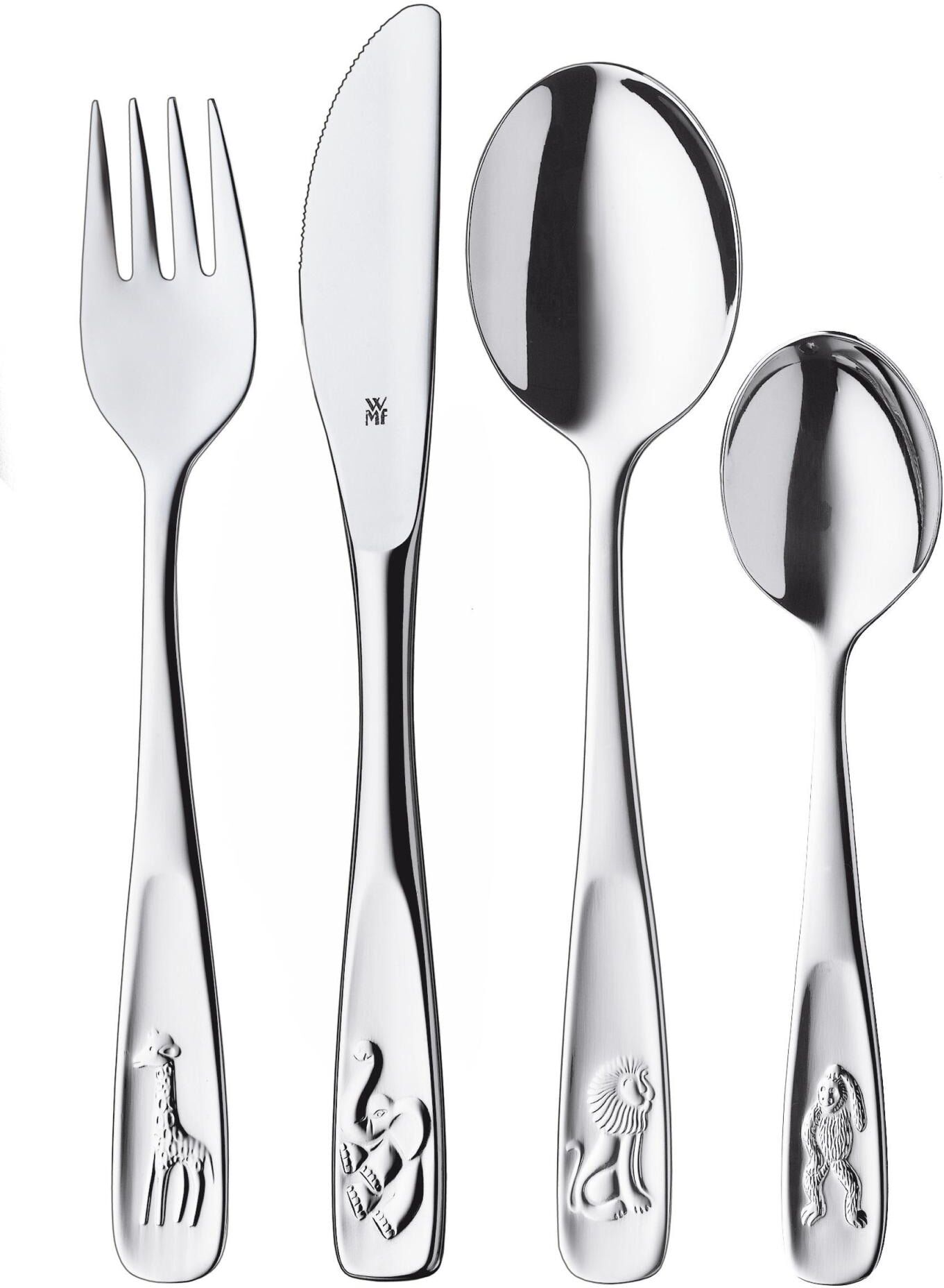 Kinderbesteck WMF "Kinderbesteck 4-teilig Tiere", Kinder, Gr. 4 Stk., silber (silberfarben), Essbesteck-Sets Kinderbesteck silberfarben 4 Stk.